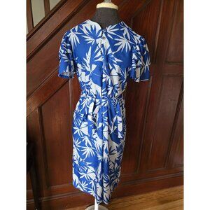 Vintage Joan Curtis Blue & White Hawaiaan Floral Palm Dress Size 14